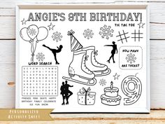 an adult birthday activity sheet with the words,'happy birthday'and some ice skates