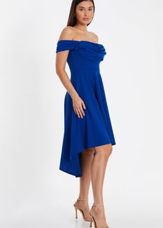 This Bardot dip hem midi dress features a flattering silhouette with a skater style, perfect for various occasions. Ideal for weddings or special events, it offers comfort and elegance. Dress Quiz, Occasion Dresses Wedding Guest, Wash Label, Bardot Neckline, Petite Jumpsuit, Petite Coat, Dresses Royal, Royal Blue Dresses, Skater Style