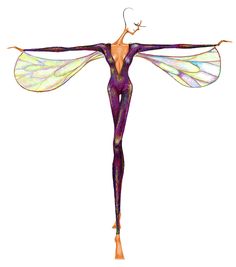 a drawing of a woman with wings on her body and legs, standing in front of a white background