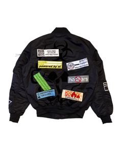 The “Caution” MA-1 bomber jacket is an oversized, statement piece designed with utility details and bold graphics for a streetwear look that stands out. This bomber jacket features an outer shell made from 100% nylon, providing durability and a sleek finish, while the interior lining is crafted from 100% polyester, offering warmth with a soft, quilted feel. The rib-knit banding at the cuffs and hem ensures a snug, comfortable fit, while the center front zipper closure provides easy layering and Urban Hooded Outerwear With Logo Patch, Urban Outerwear With Logo Patch For Winter, Black Cyberpunk Windbreaker For Streetwear, Cyberpunk Black Windbreaker For Streetwear, Black Cyberpunk Outerwear For Streetwear, Cyberpunk Black Streetwear Outerwear, Urban Black Outerwear With Logo Patch, Fall Streetwear Track Jacket With Logo Patch, Black Logo Patch Outerwear For Streetwear