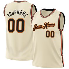 a white basketball jersey with an orange and black stripe on the chest, that says your name