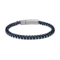 Make a bold impression with this blue foxtail chain bracelet. Solid stainless steel with blue ion plate 5.0mm width 8.5 inches; deployment buckle clasp Blue Bracelets With Stainless Steel Clasp As A Gift, Blue Jewelry With Stainless Steel Clasp For Gift, Modern Blue Jewelry With Stainless Steel Clasp, Steel Blue, Chain Bracelet, Buckle, Stainless Steel, Bracelet, Chain