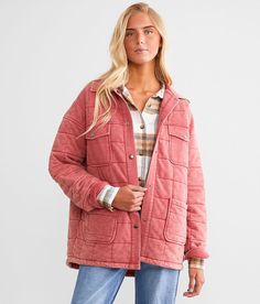 BKE Washed Shacket - Pink X-Small, Women's Washedred Quilted snap down oversized shirt jacket Bust measures 46 on size small Body length 27 on size small. Layering piece(s) and/or accessories sold separately.. Shell: 60% Cotton 40% Polyester. Polyfill: 100% Polyester. Machine wash cold with like colors. Delicate cycle. Do not bleach. Tumble dry low. Cool iron on reverse if needed.. Measurements: Bust -Fullest part of bust with arms at sides. Waist -Circumference of natural waist: above belly but Red Relaxed Fit Outerwear For Winter, Red Relaxed Fit Winter Outerwear, Oversized Long Sleeve Quilted Jacket For Fall, Oversized Quilted Jacket With Long Sleeves For Fall, Fall Quilted Button-up Jacket With Snap Buttons, Fall Cotton Quilted Jacket With Snap Buttons, Red Relaxed Fit Long Sleeve Outerwear, Relaxed Fit Quilted Jacket With Pockets, Button-up Quilted Jacket For Fall