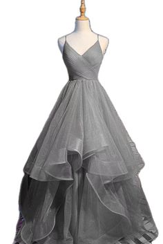 Elegant Gray Tulle Evening Dress, Gray Prom Dress With Fitted Bodice, Gray Prom Evening Dress For Prom Season, Gray Evening Dress For Prom, Gray Evening Dress For Prom Season, Elegant Gray Prom Gown, Elegant Gray Dress With Spaghetti Straps, Elegant Gray Spaghetti Strap Dress, Gray Sleeveless Evening Dress