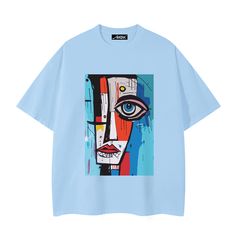 a blue t - shirt with an image of a woman's face on it