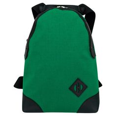 a green and black backpack with the letter h on it's front flaps open