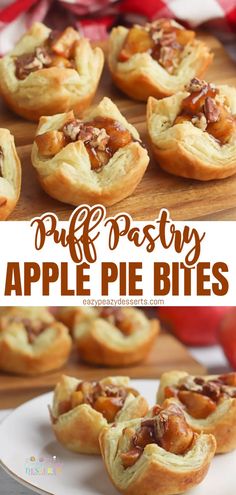 apple pie cups in puff pastry on a white plate with the title text above it