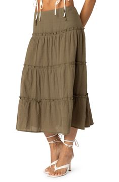 This all-cotton midi skirt boasts a tiered silhouette that sways with each step you take. 100% cotton Machine wash, dry flat Imported Tiered Midi Skirt, Cotton Midi Skirt, Swimwear Dress, Skirt Belt, Cute Crop Tops, Mid Length Skirts, Olive Color, S Models, Model Height