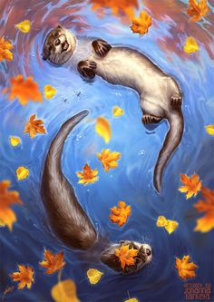 two otters swimming in the water surrounded by autumn leaves and falling leaves on the ground