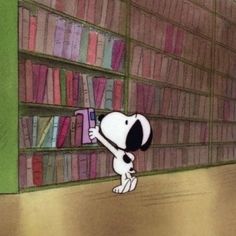 a cartoon dog is standing in front of a bookshelf