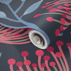 an artistic wallpaper design with pink and blue flowers on dark grey background that is very soft