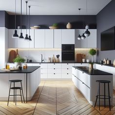 a modern kitchen with white cabinets and black counter tops, an island in the middle