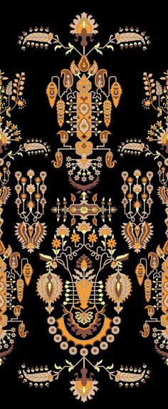 an ornate design on black with orange and yellow colors