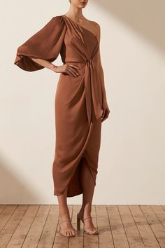 Luxe Tie Front One Shoulder Dress | Mocha | Dresses | Shona Joy – Shona Joy International Mocha Dress, Sangria Dress, One Shoulder Cocktail Dress, Draped Midi Dresses, One Shoulder Midi Dress, Shona Joy, Silk Touch, Slim Fit Top, Beauty Dress