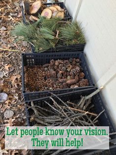 three baskets filled with pine cones sitting on top of a pile of leaves and twigs