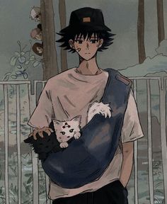 an anime character holding a cat in his arms