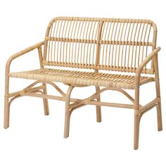 a wooden bench made out of rattan