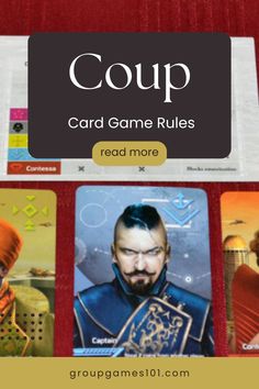 the card game rules are displayed in front of a red background with an image of two men