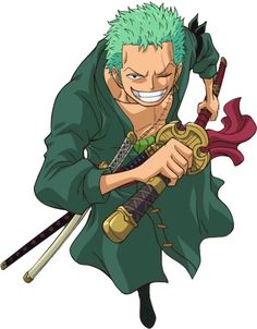 an anime character with green hair and blue eyes holding two swords in his hands, while smiling