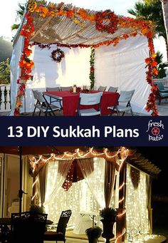 an outdoor dining area is decorated with lights and decorations for the occasion, including a gazebo