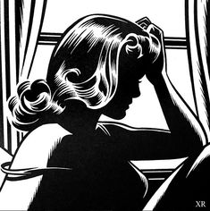 a black and white drawing of a woman looking out the window with her hand on her head