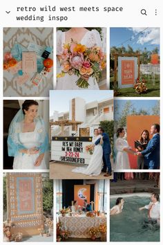 a collage of wedding photos with the words, retro wild west meets space on it