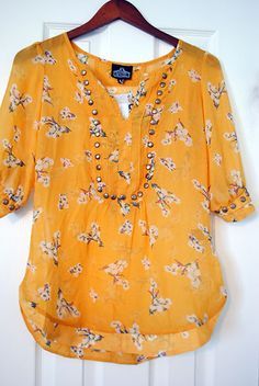 Again, love this. Sizing? This person said it was tight in her chest. Maybe size up if you send me this at some point??? Smile For Me, Floral Print Tops, Mellow Yellow