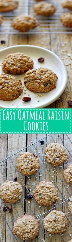 easy oatmeal raisin cookies on a cooling rack with text overlay