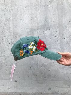 Custom Hand Stitched Hat / Hand Embroidered Hat / Baseball Cap With Flowers/ Custom Floral hat / Bot Casual Embroidered Baseball Cap With Short Brim, Spring Baseball Cap With Embroidered Logo, Embroidered Short Brim Baseball Cap, Spring Baseball Cap With Embroidered Logo And Short Brim, Green Snapback Hat With Embroidered Patch, Spring Embroidered Green Baseball Cap, Green Embroidered Baseball Cap For Spring, Spring Dad Hat With Embroidered Logo And Flat Brim, Green Visor Hat With Embroidered Logo