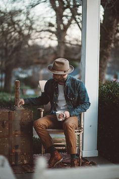 wheatandco:  Hat: Yellow 108 (similar here) | Tee: Wheat & Co | Jacket: Levis | Pants: Rogue Territory | Socks: Richer Poorer | Boots: Red Wing - Fit: I’m wearing a large hat, large tee, medium jacket, 30 pants, size 8.5 boots. **All Images: Emilia Pare Mens Fashion Smart, Dapper Gentleman, Hipster Mens Fashion, Rugged Style, Men Street, Fashion Mode