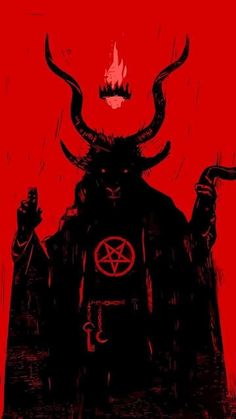 an illustration of a demon with horns on his head, standing in front of a red background