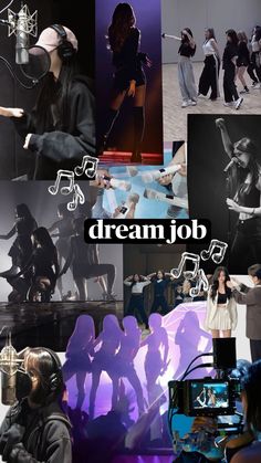 a collage of photos with the words dream job written in black and white on them