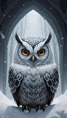 an owl sitting in the middle of a snowy forest