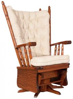 a wooden rocking chair with a cushion on it's back and footrests