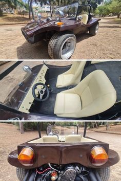 three different views of an old car in the middle of two pictures, one is brown and white