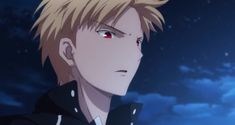 an anime character with blonde hair and red eyes looking at the camera in front of blue sky