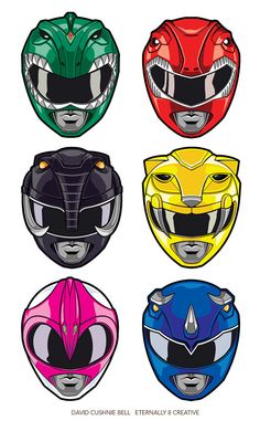 four different colored helmets with the same face