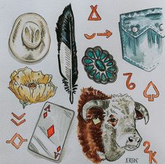 a drawing of various items and symbols on paper