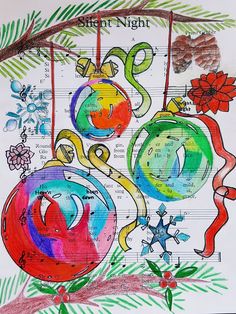 a drawing of christmas ornaments hanging from a tree branch with music notes and pine cones