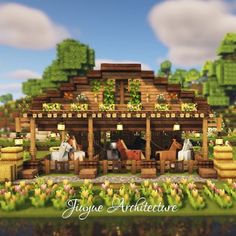 an animated image of a wooden house with horses in the yard and flowers growing on the roof