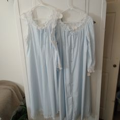 Excellent Pre-Owned Condition. New With Tags. All Trimmed In Lace. Very Rare To Find New. Lightly Floral Embossed. Gown Bust25" Length 45" Robe Bust 23" Sleeve 22" Length 47" #1p Light Blue Sleep Dress, Light Blue Nightgown For Home, Light Blue Lace Trim Nightgown, Light Blue Lace Trim Nightgown For Home, Fitted Light Blue Nightgown For Loungewear, Light Blue Fitted Sleepwear With Lace Trim, Fitted Light Blue Sleepwear With Lace Trim, Blue Fitted Nightgown For Bedtime, Fitted Blue Nightgown For Bedtime