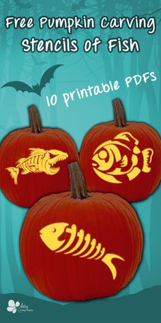 three pumpkin carving stencils of fish on top of each other in front of a blue background