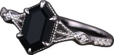 a black diamond ring with white diamonds on it's sides and the center stone is surrounded by filigrees