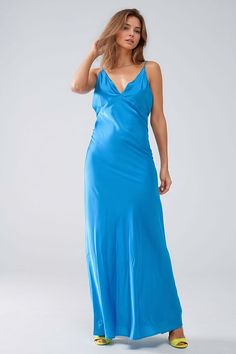 Length: Full length. Subcategory: Dress. Neck: V-neck neckline. Sleeves: Sleeveless style. Fit: Standard fit. Style: Party. Detail: Open back. Fabric: Satin . Zipper: Zip-back fastening. runs true to size. S. 95% Polyester 5% Elastane Blue Satin Finish Sleeveless Dress, Blue Satin Finish Floor-length Dress, Blue Satin Floor-length Maxi Dress, Denim Blue V-neck Beach Dress, Blue Satin V-neck Nightgown, Style Party, Skirt Jumpsuit, Satin Maxi, Scarf Headband