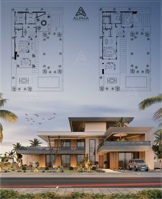 an architectural rendering of a house with three floors and two levels, surrounded by palm trees