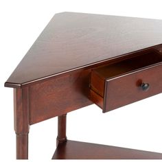 a wooden desk with two drawers on one side and an open drawer on the other