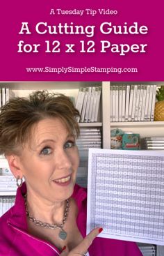 a woman holding up a paper with the words, a cutting guide for 12 x 12 paper