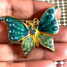 Vintage Gold Tone Blue Enamel Rhinestones Butterfly Brooch B#14.  I have lots of vintage jewelry listed . I have been selling items for more than 10 years online. I sell on multiple sites so make an offer if interested. I combine shipping Green Statement Necklace, Star Darlings, Sweet Messages, Butterfly Brooch, Bright Gold, Sell Items, Vintage Gold, Mint Green, Brooches