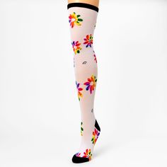 Wear these happy rainbow daisies with pride, for costume parties, parades, and any other time you want to really make a statement! Over-the-knee socks look great with skirts, shorts, and dresses, and they're a fashion essential that never really goes out of style. Pack Size: 1 pair One size Approx. shoe sizes: 12 youth to 7 ladies Material: Nylon - Claire's Rainbow Stripe Mesh Over The Knee Socks White Knee-high Stockings For Spring, Fun Multicolor Socks For Spring, Fun Multicolor Summer Socks, Fun Multicolor Spring Socks, White Fitted Knee-high Socks For Summer, Fitted White Knee-high Socks For Summer, Fun White Socks For Summer, Fun White Summer Socks, Knee-high Socks For Spring Stocking Stuffer