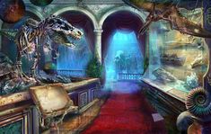 an image of a room with dinosaurs and other things on the walls, including a red carpet